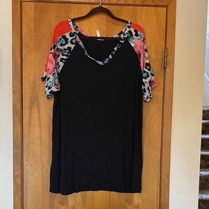 Celeste Black Top with Red and Multicolor Sleeves